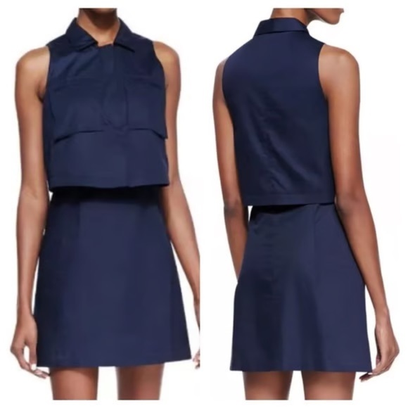New! THEORY Navy Blue Gemine Sleeveless Tiered A-Line Cargo Mini Dress 💙 sz 4 - Picture 2 of 5